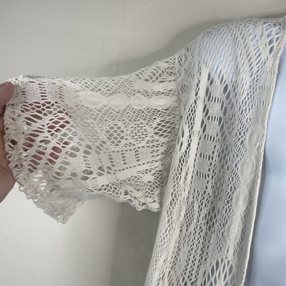 Womens Boho Beach Crochet Mid Length Cardigan Sweater 1X Ivory Neutral Travel - Picture 4 of 6
